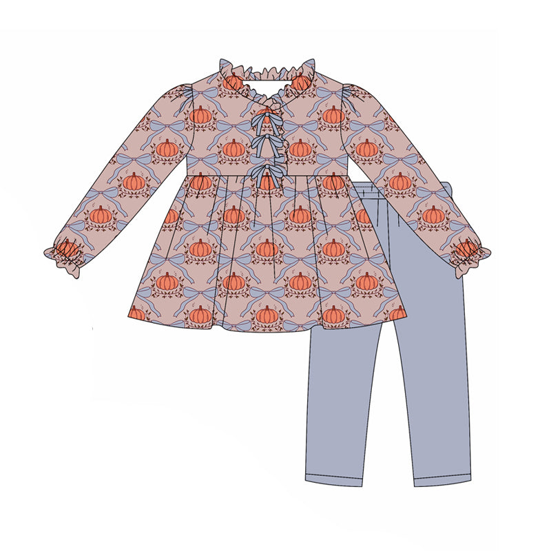 preorder(moq 5) Baby Girls Long Ruffle Sleeves Bows Pumpkins Plaid Tunic Legging Pants Set