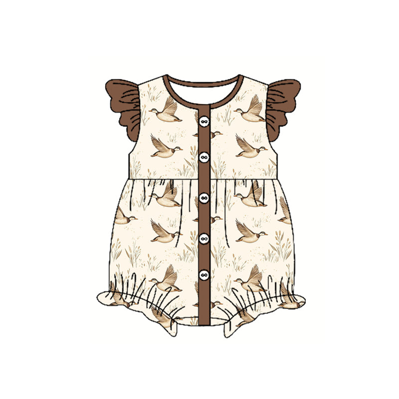 Preorder moq 5 Baby Girls Brown Flutter Sleeves Button Ducks Ruffle Rompers