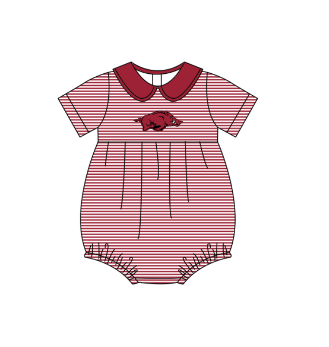 Preorder (moq 5)Baby Girls Short Sleeve Arkansas Team Ruffle Rompers