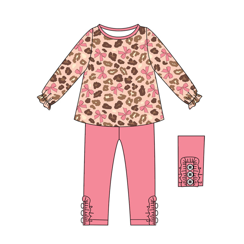 Preorder (moq 5)Baby Girls Long Ruffle Sleeves Pink Bows Leopard Tunic Legging Pant Sets