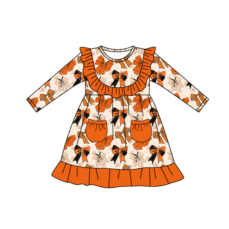 Preorder moq 5 Baby Girls Long Sleeves Orange Pockets Bows Knee Length Dresses