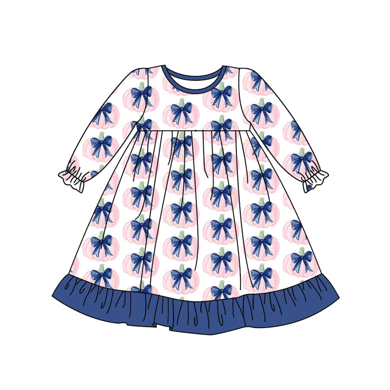 Preorder (moq 5)Baby Girls Long Ruffle Sleeves Blue Bows Pumpkins Knee Length Dresses