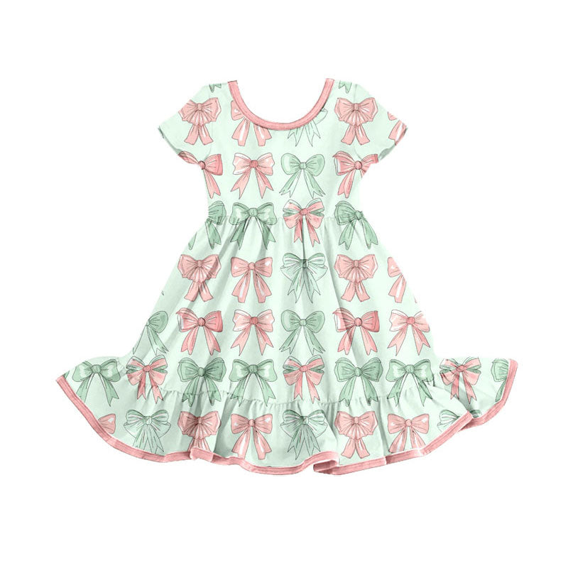 Preorder(moq 8)Baby Girls Pink Green Bows Stripe Ruffle Knee Length Dresses