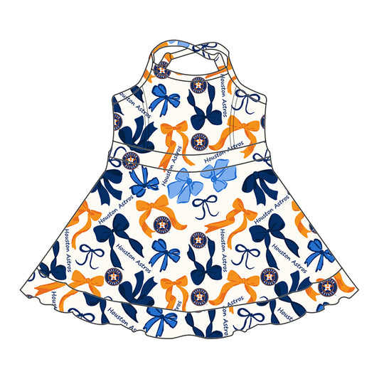 Preorder (moq 5)Baby Girls Blue Orange Bows Plaid Houston Astros Short Ruffle Team Knee Length Dresses