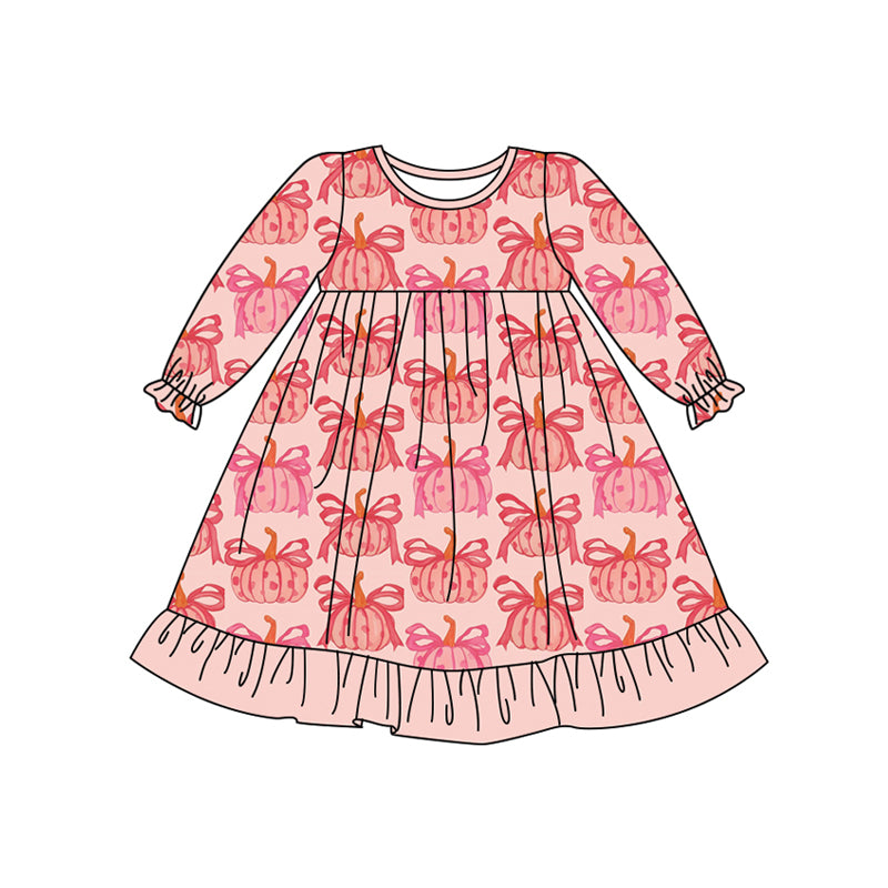 Preorder (moq 5)Baby Girls Peach Long Ruffle Sleeves Bows Pumpkins Knee Length Dresses