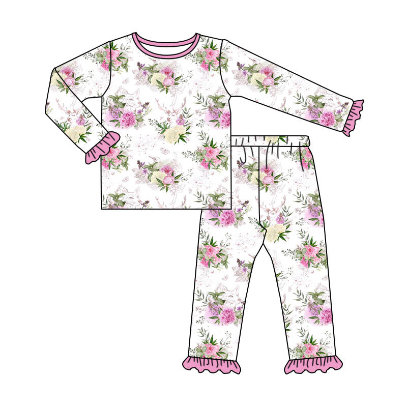 Preorder (moq 5) Baby Girl Clothes Easter Floral Deer Mixed Print Long Sleeve Ruffle Top Pant Set