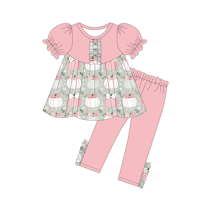 Preorder (moq 5)Baby Girls Pink Short Ruffle Sleeves Pumpkins Floral Tunic Legging Pant Sets
