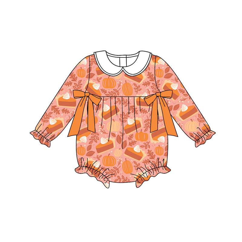 Preorder (moq 5)Baby Girls Long Sleeves Peach Pie Pumpkins Bows Plaid Ruffle Romper