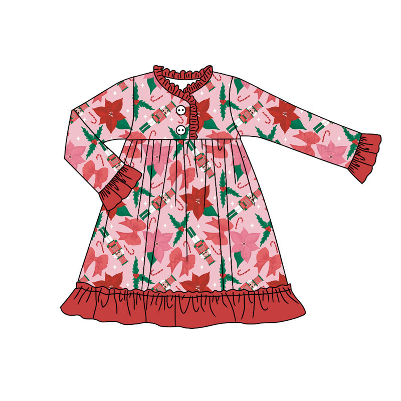 Preorder (moq 5)Baby Girls Red Soldiers Holly Bows Christmas Button Ruffle Knee Length Dress
