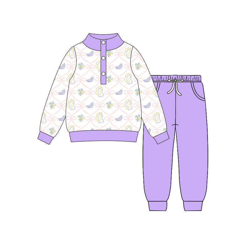 Preorder(moq 5) Baby Girls Masks Bows Checked Button Top Pockets Jogger Mardigras Clothes Sets