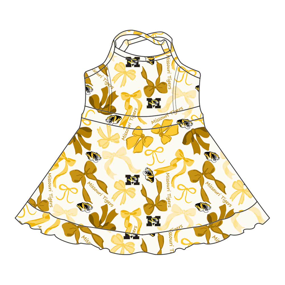 Preorder (moq 5)Baby Girls Yellow Strap Bows Plaid M Tiger Shorts Ruffle Team Knee Length Dresses