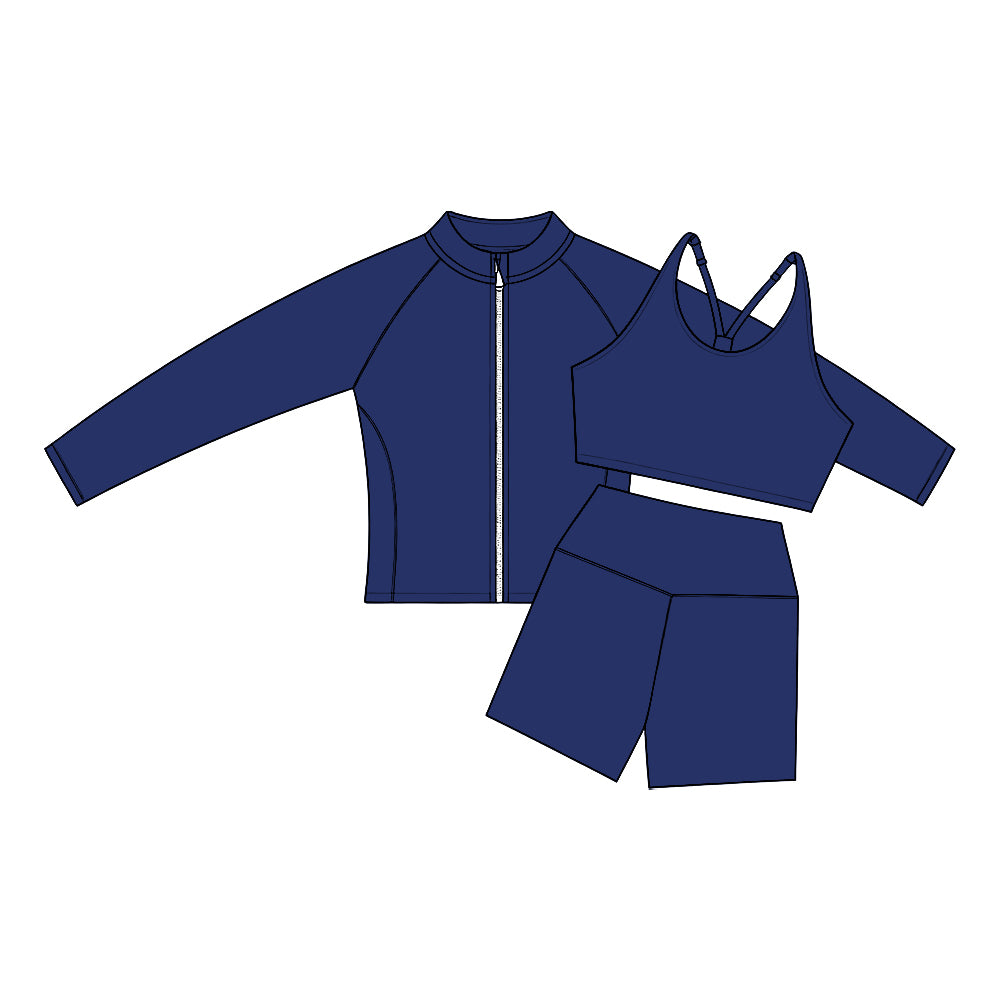 Preorder (moq 5) Baby Girl Clothes Solid Navy Print Long Sleeve Zip Jacket Tank Biker Short Yoga Set