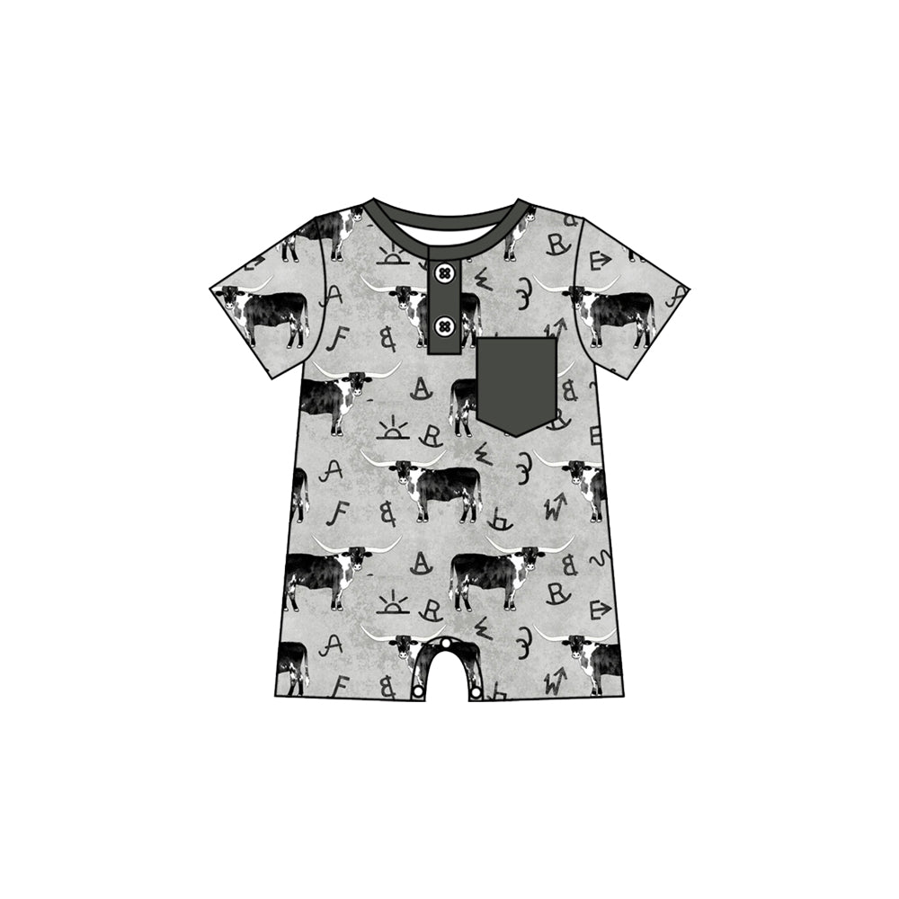 Preorder (moq 5)Baby Boys Grey Cows Button Pocket Western Short Rompers