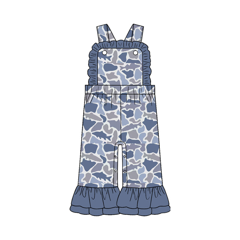 Pre-order (moq5) Girls Fall Camo Gray Ruffle Jumpsuit, Thanksgiving Outfit