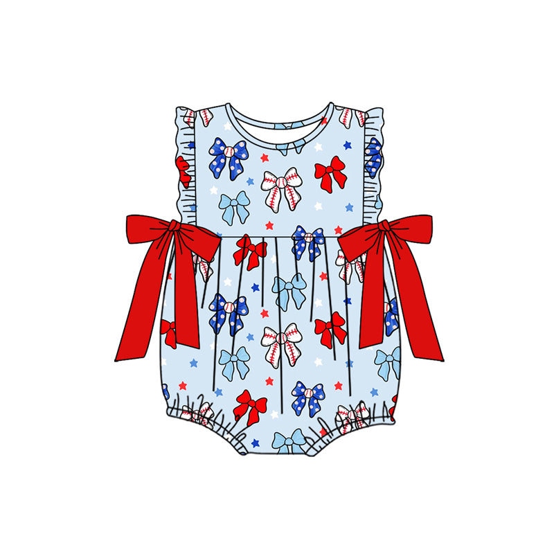 Preorder (moq 5)Baby Girls Sleeveless Blue Red Bows Stars 4th Of July Ruffle Rompers
