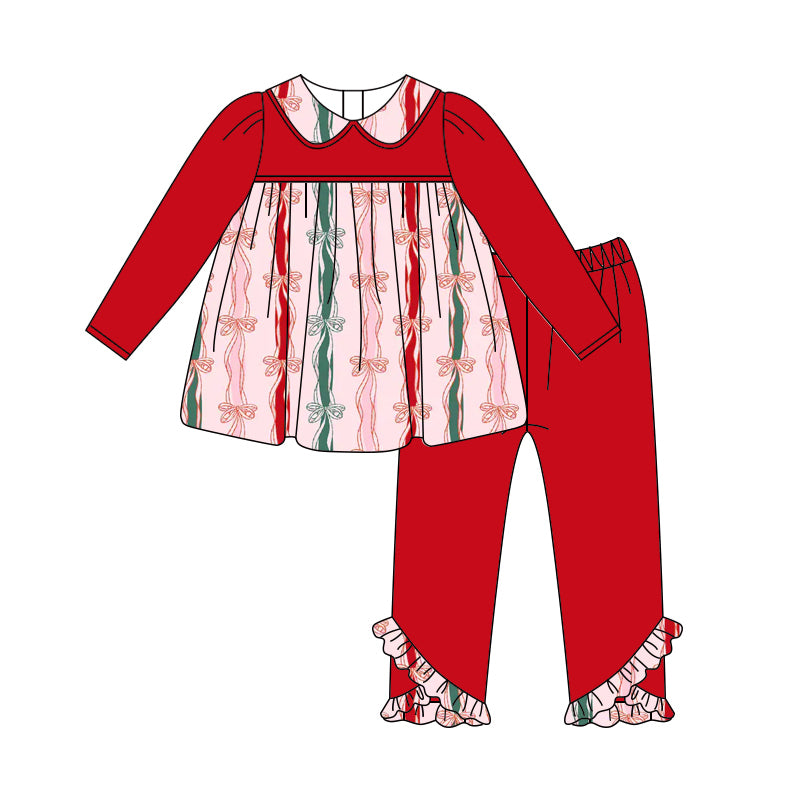 Preorder (moq 5)Baby Girls Red Long Sleeves Bows Stripes Tunic Ruffle Pant Set