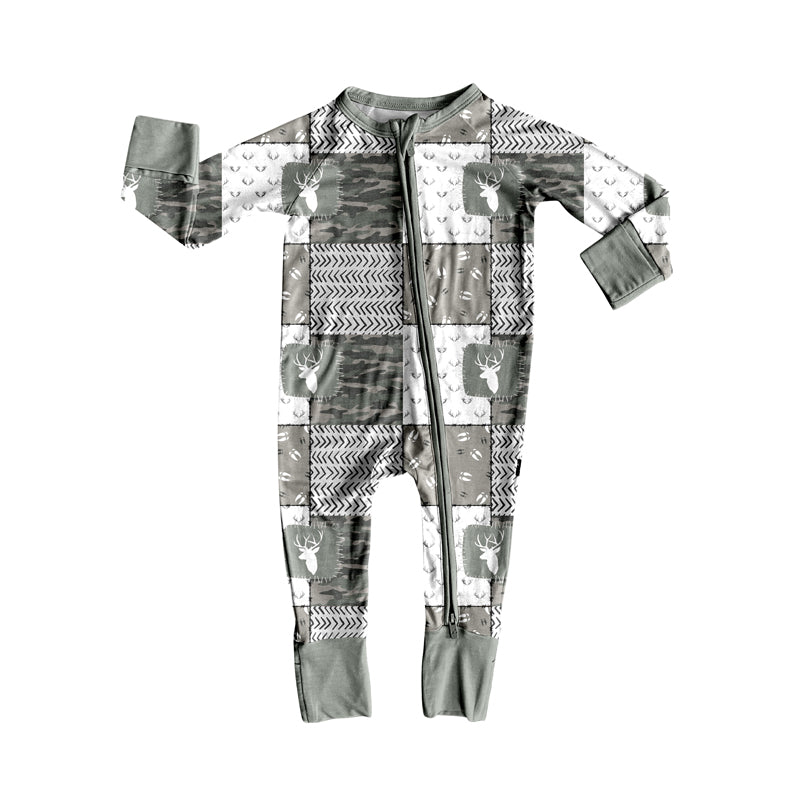 Preorder (moq 5)Baby Boys Gray Long Sleeves Deer Camo Plaid Zipper Rompers
