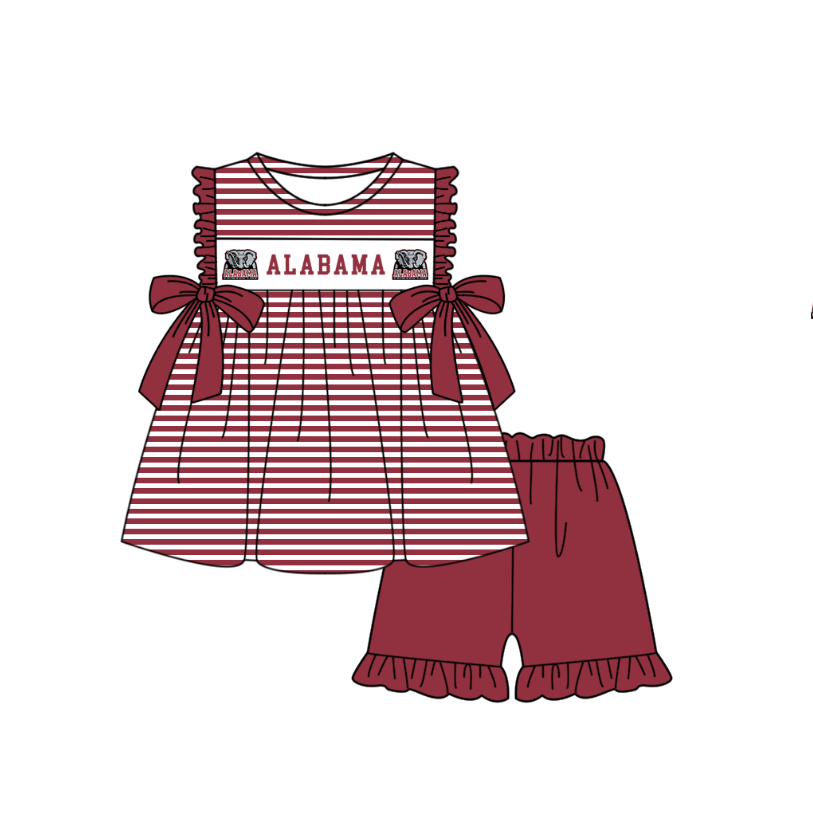 Preorder (moq 5)Baby Girls Red Sleeveless Alabama Stripe Tunic Ruffle Shorts Team Clothes Sets