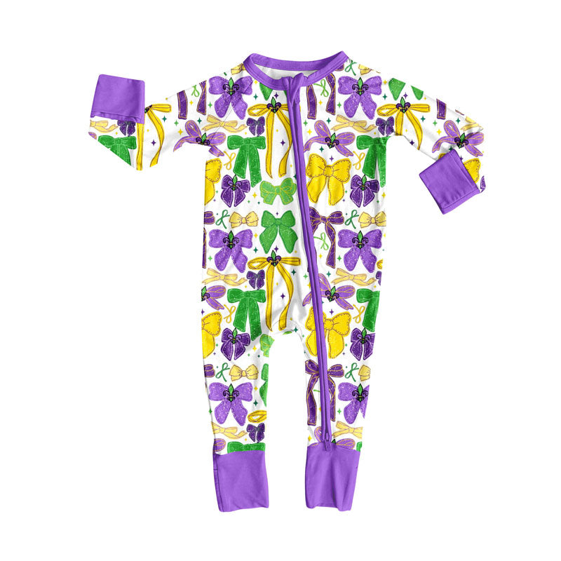 Preorder (moq 5)Baby Girls Purple Yellow Green Bows Stars Mardigras Zipper Footie Rompers