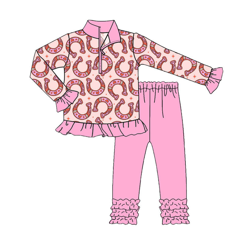 Preorder (moq 5)Baby Girls Pink Horses Shoes Hearts Zipper Pullovers Ruffle Legging Clothes Sets