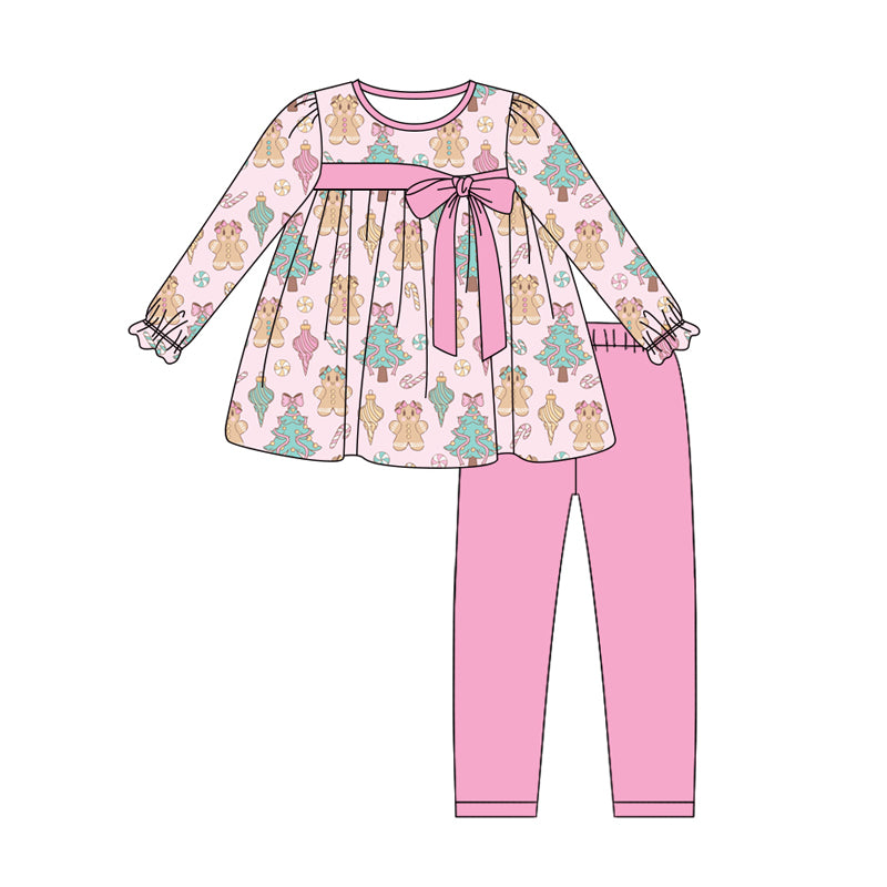 Preorder (moq 5)Baby Girls Long Sleeves Pink Trees Gingerbread Tunic Legging Pant Sets