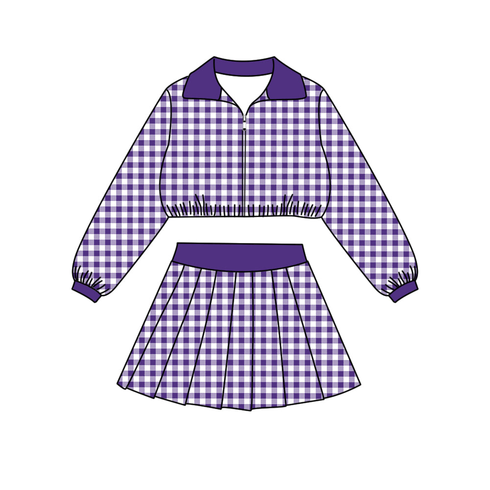 Preorder (moq 5)Baby Girls Long Sleeve Purple Checked Zip Pullovers Skirt Short Clothes Set