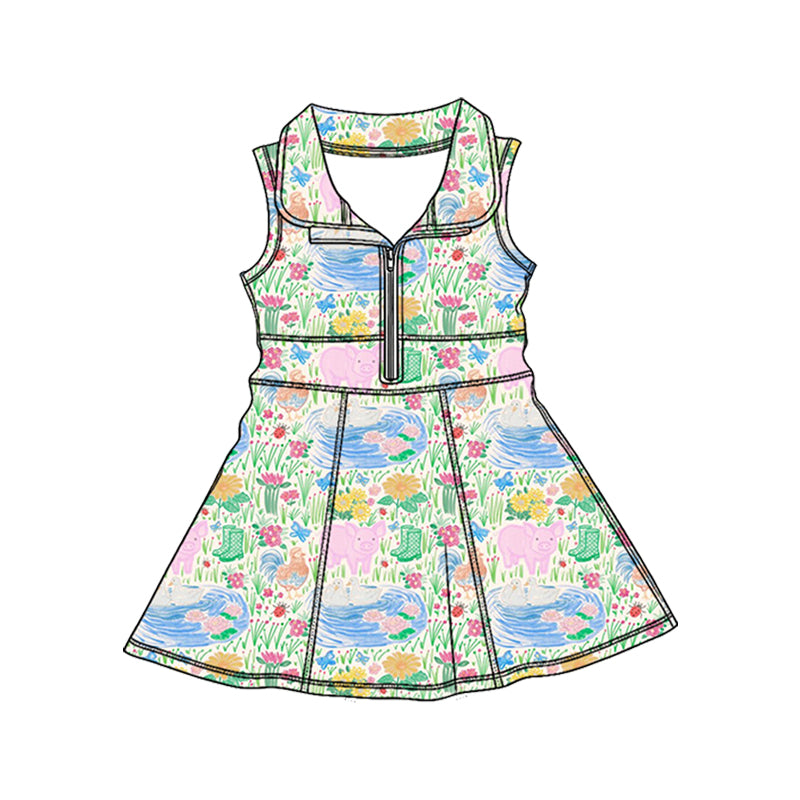 Preorder (moq 5)Baby Girls Colorful Flower Pigs Farm Zipper Knee Length Dresses