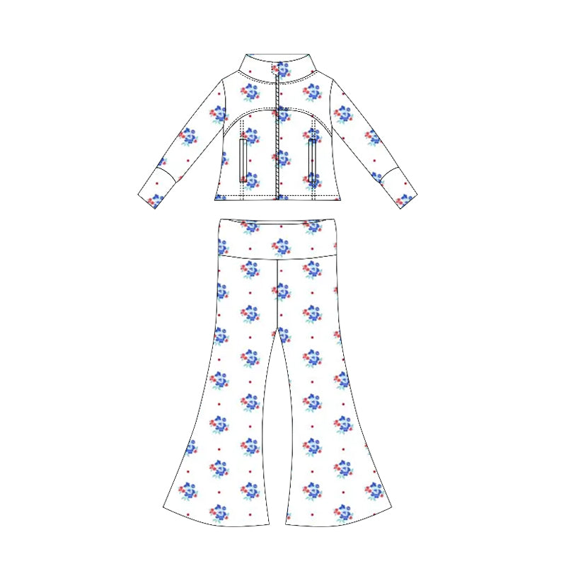 Preorder moq 10 Baby Girls Long Sleeves Blue Flowers Polka Dots Pockets Zipper Top Bell Bottom Pant Set
