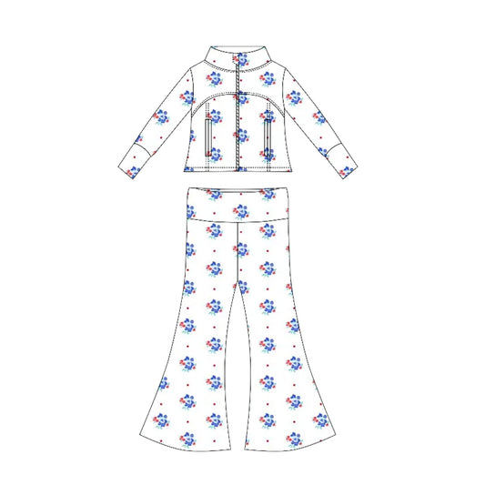 Preorder moq 10 Baby Girls Long Sleeves Blue Flowers Polka Dots Pockets Zipper Top Bell Bottom Pant Set
