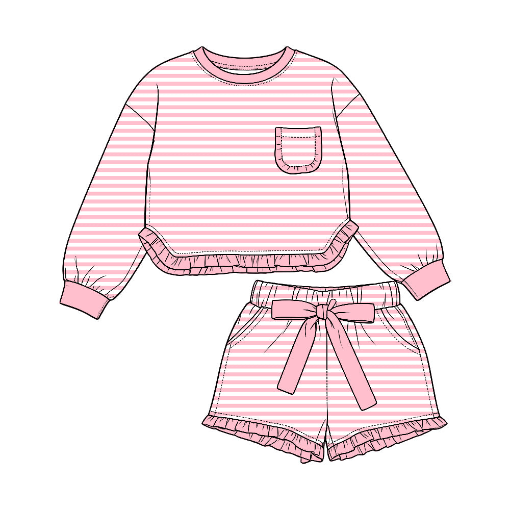 Preorder (moq5) Baby Girls Pink Stripe Pocket Top Ruffle Bow Short Clothes Set