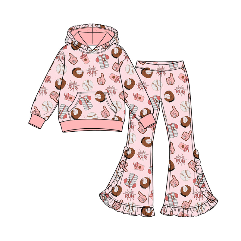 Preorder (moq 5) Baby Girl Clothes Pink Baseball Home Run Allover Print Long Sleeve Hooded Top Flare Pant Set