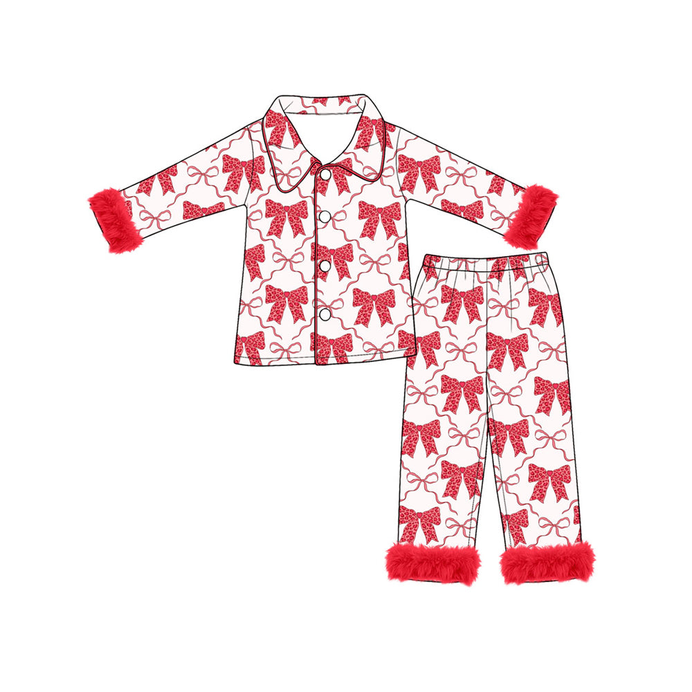 Preorder (moq5) Baby Girls Hearts Bows Button Top Pant Valentines Fur Sleeves Pajamas Set