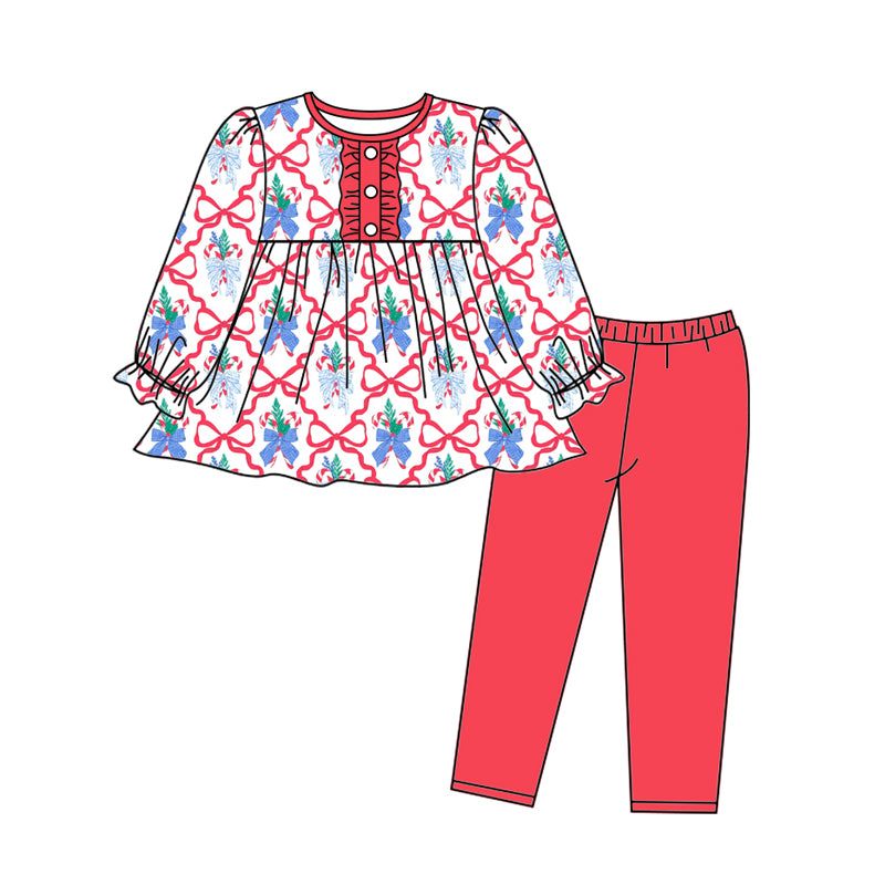 Preorder (moq 5)Baby Girls Long Ruffle Sleeves Red Bows Plaid Button Tunic Legging Pant Set