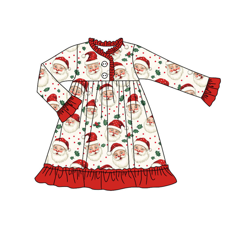 Preorder (moq 5)Baby Girls Santa Holly Christmas Button Ruffle Knee Length Dresses