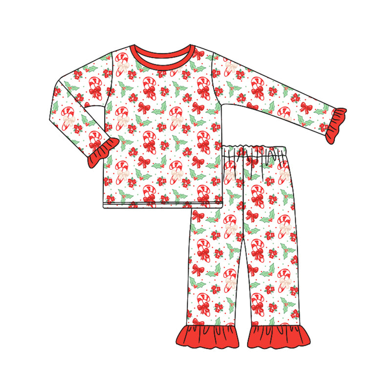 Preorder (moq 5)Baby Girls Long Ruffle Sleeves Bows Candy Cane Top Pant Pajamas Set