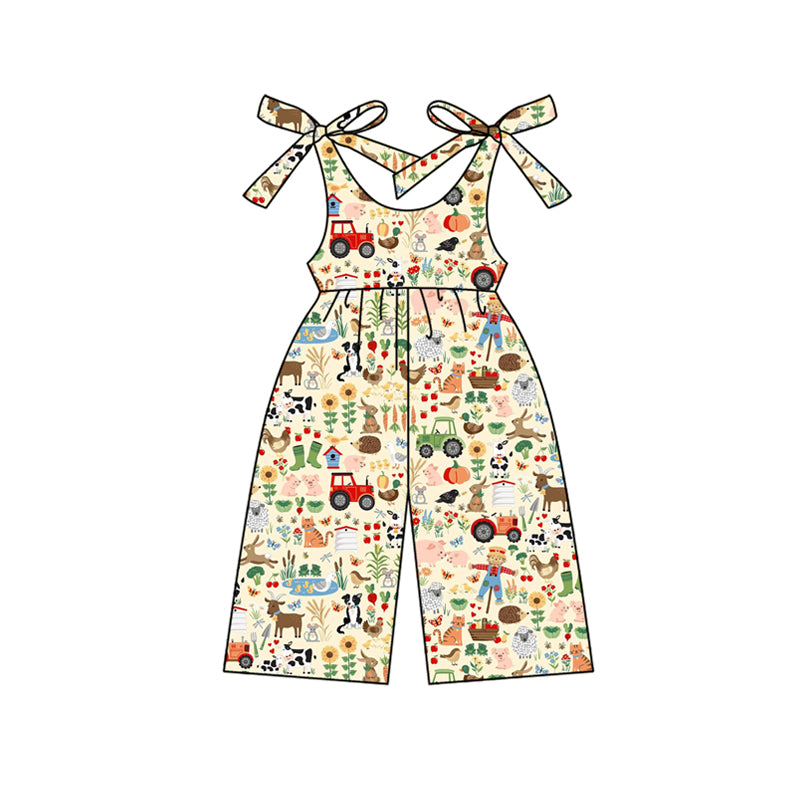 Preorder (moq 5)Baby Girls Strap Cows Chicks Floral Farm Jumpsuits