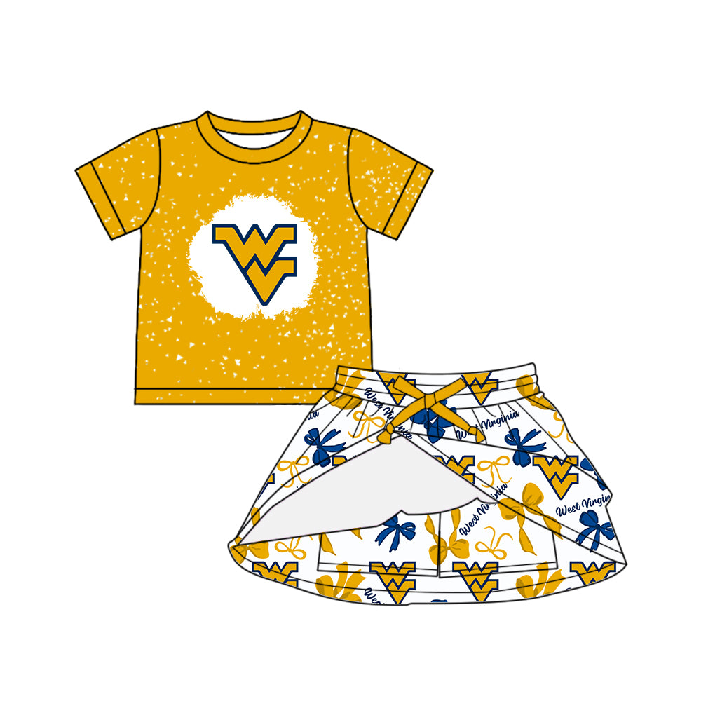 Preorder (moq 5)Baby Girls Yellow Short Sleeves WV Top Bows Plaid Skorts Team Set
