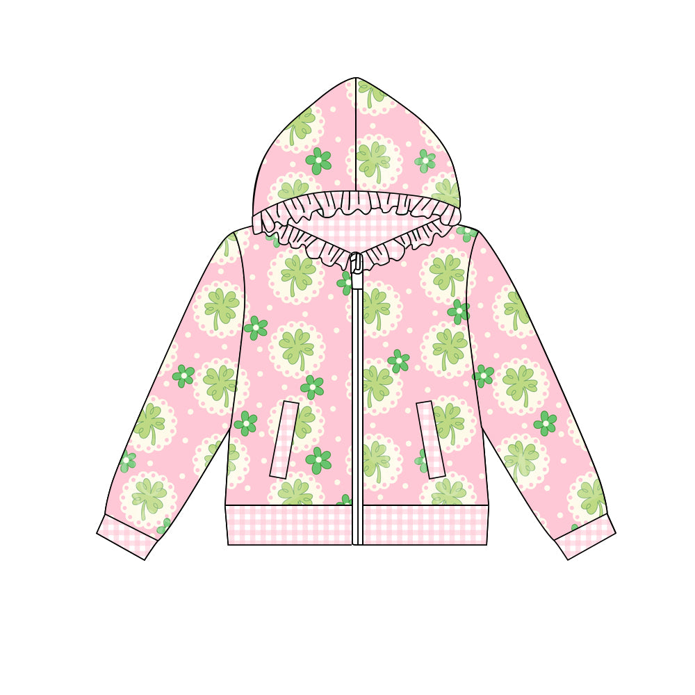 Preorder (moq 5) Baby Girl Clothes Pink Clover Dot Print Long Sleeve Ruffle Zip Hooded Jacket