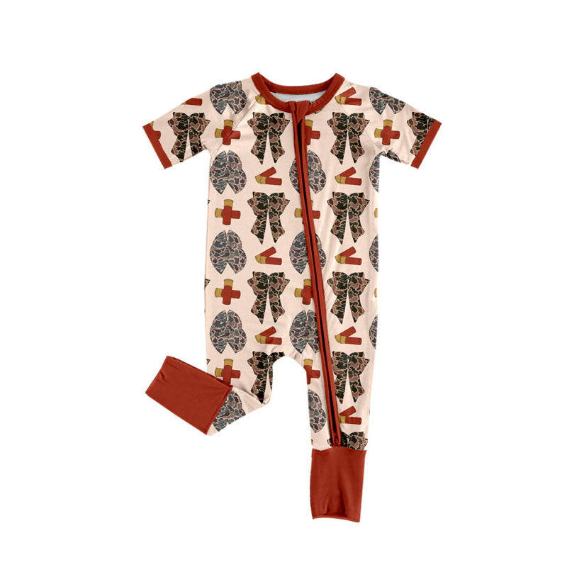 Preorder (moq 5)Baby Girls Camo Bows Duck Calls Hunting Two Way Zip Convertible Rompers