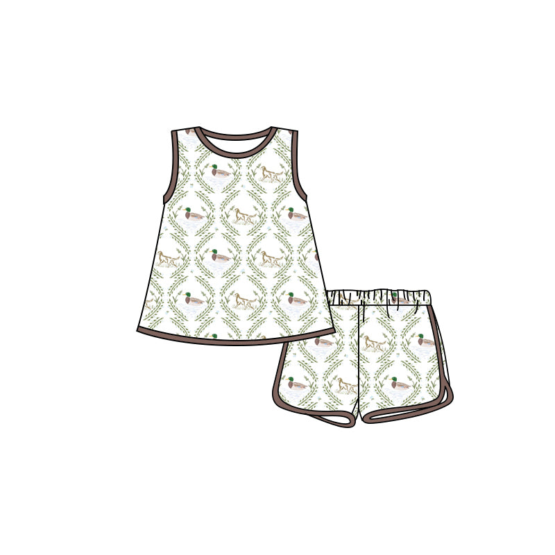 Preorder moq 5 Baby Girls Sleeveless Dogs Ducks Plaid Tunic Short Set