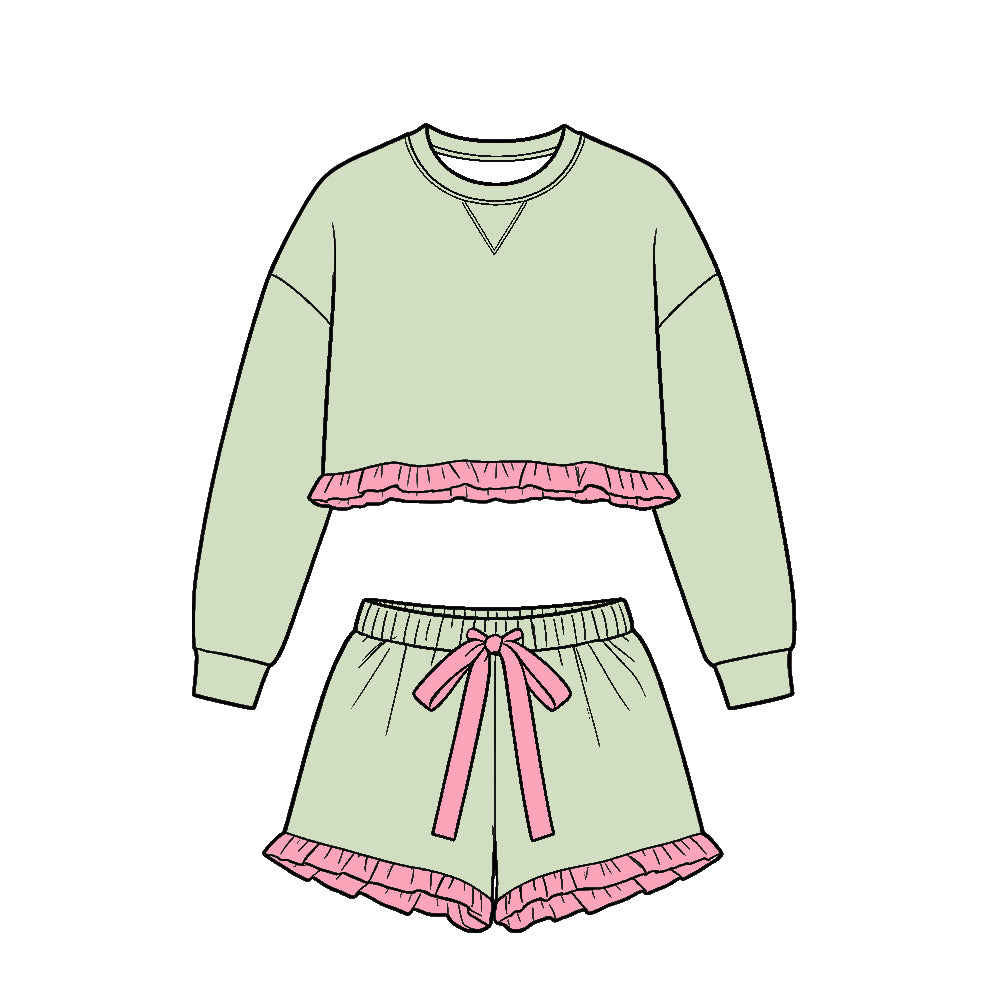Preorder (moq 5)Baby Girls Light Green Pink Long Sleeve Top Ruffle Short Clothes Set