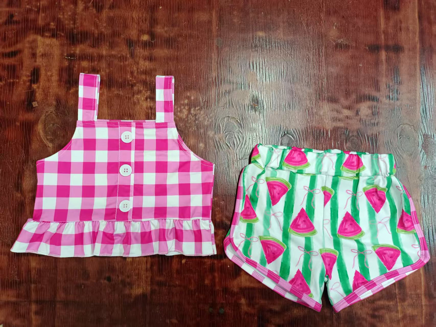 Preorder moq 5 Baby Girls Pink Plaid Strap Button Top Watermelon Stripe Short Sets