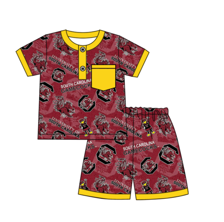Preorder (moq 5)Baby Boys Short Sleeves Dark Red Gamecocks Bull Button Pocket Top Shorts Team Set