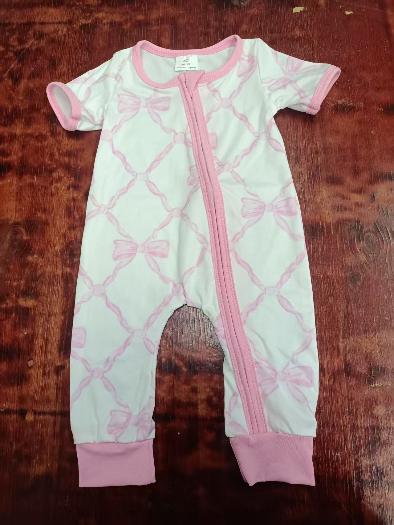 Preorder moq 5 Baby Girls Short Sleeves Pink Bows Plaid Zipper Pant Rompers