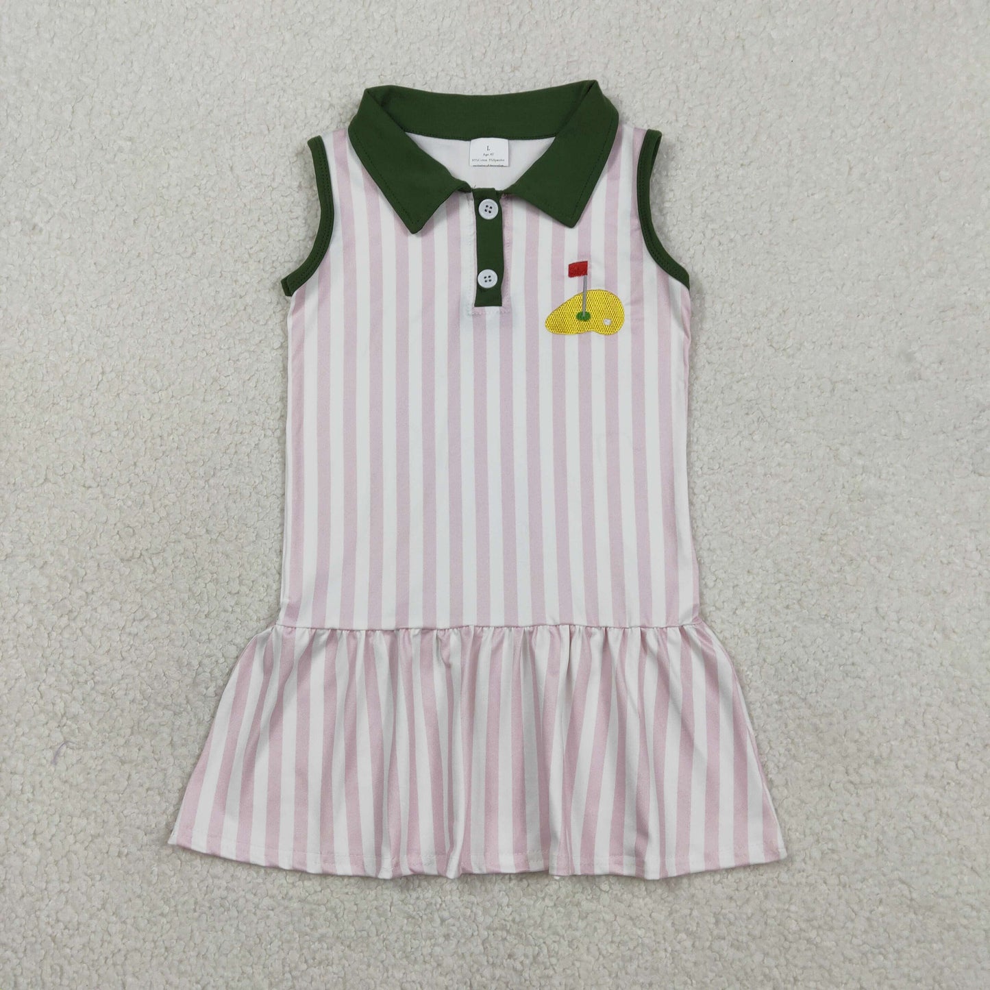 Embroidery Golf Flags Baby Girls Pink Stripe Button Knee Length Dresses