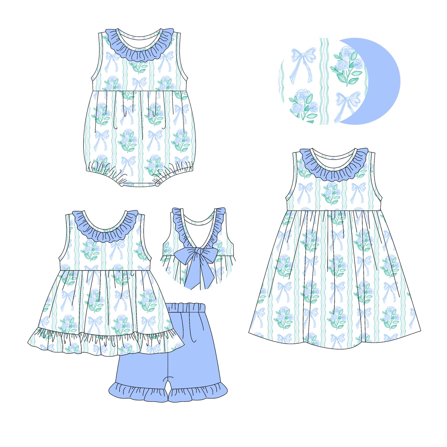Preorder moq 5 Custom Baby Girls Blue Sleeveless Bows Floral Tunic Ruffle Short Set Knee Length Dress Rompers