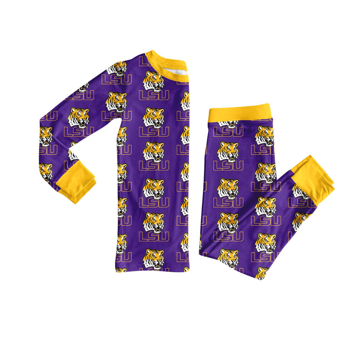 Preorder (moq 5)Baby Girls Purple Long Sleeves Team LSU Tigers Plaid Top Pants Pajamas Set