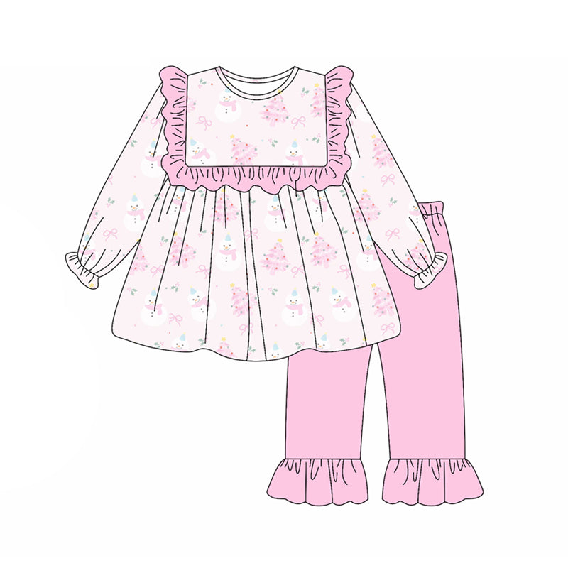 Preorder (moq 5)Baby Girls Long Sleeves Pink Bows Trees Tunic Ruffle Pant Set