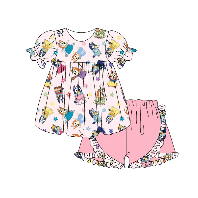 Preorder (moq 5)Baby Girls Pink Short Ruffle Sleeves Cartoon Dogs Tunic Ruffle Short Clothes Sets