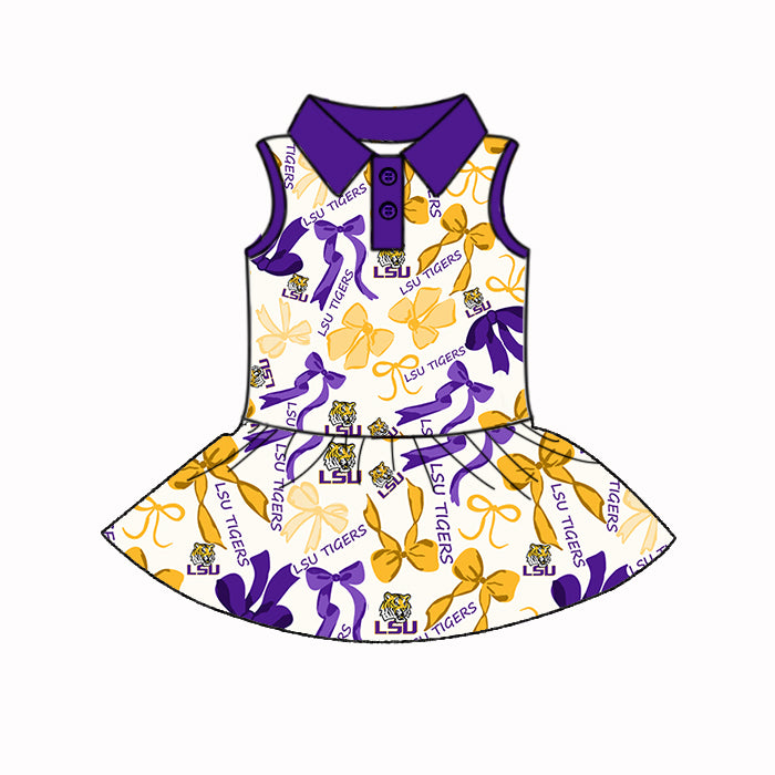 Preorder (moq 5)Baby Girls Purple Sleeveless LSU Tiger Bows Plaid Button Knee Length Dresses